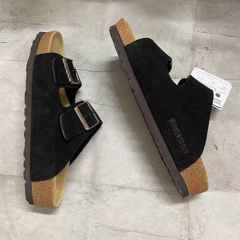 Genuine Leather Cork Two-Buckle Slide Sandals for Men and Women, Lightweight Flat Open-Toe Casual Shoes