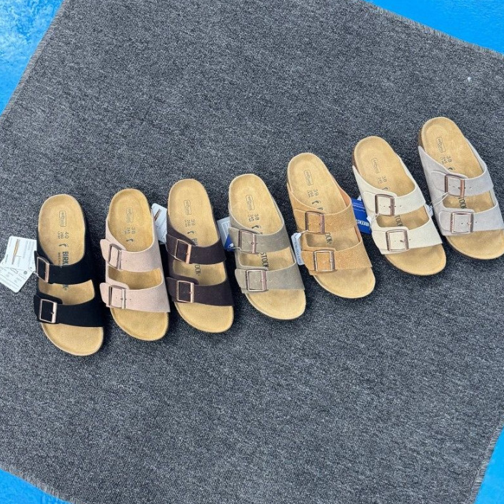 Genuine Leather Cork Two-Buckle Slide Sandals for Men and Women, Lightweight Flat Open-Toe Casual Shoes