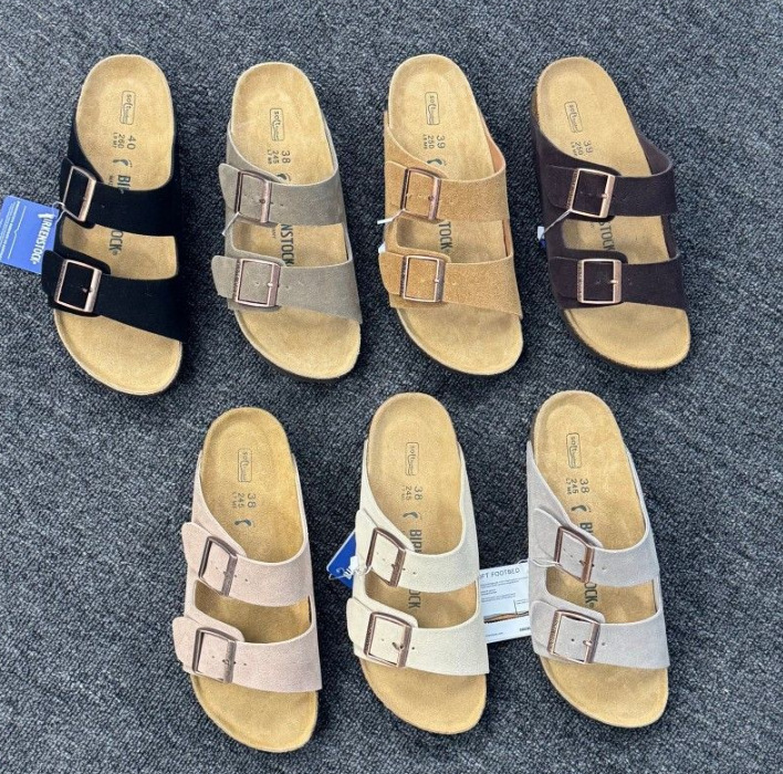 Genuine Leather Cork Two-Buckle Slide Sandals for Men and Women, Lightweight Flat Open-Toe Casual Shoes