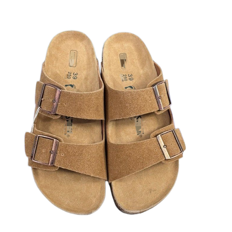 Genuine Leather Cork Two-Buckle Slide Sandals for Men and Women, Lightweight Flat Open-Toe Casual Shoes