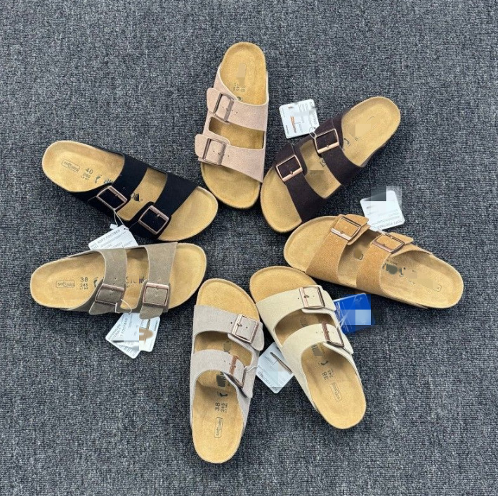 Genuine Leather Cork Two-Buckle Slide Sandals for Men and Women, Lightweight Flat Open-Toe Casual Shoes