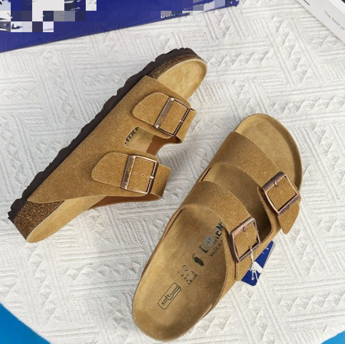 Genuine Leather Cork Two-Buckle Slide Sandals for Men and Women, Lightweight Flat Open-Toe Casual Shoes
