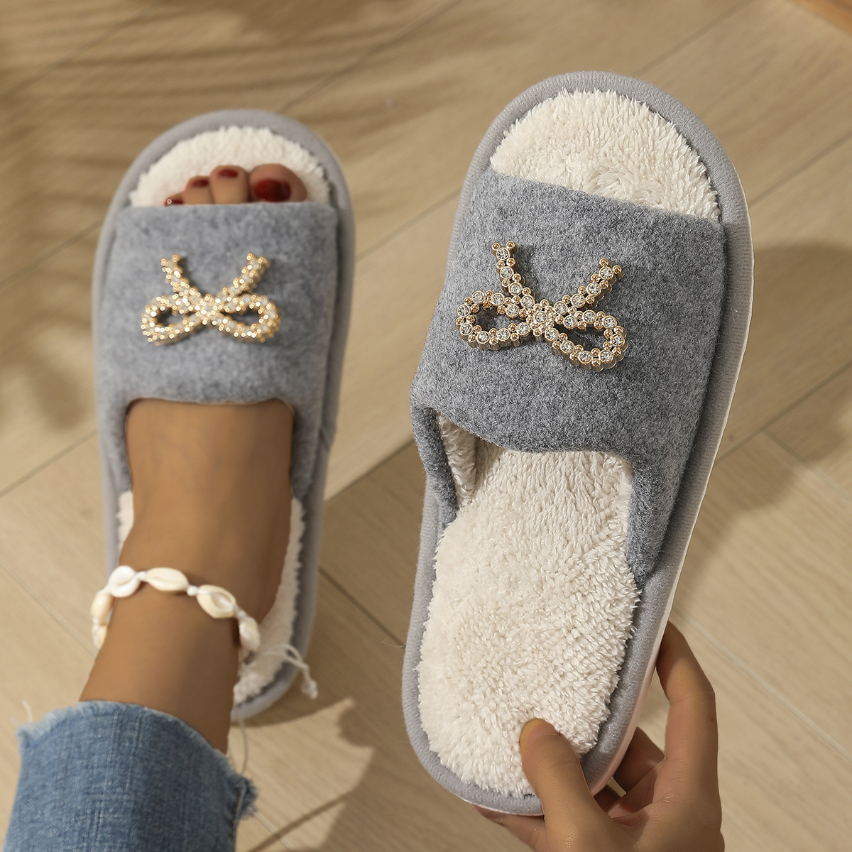 Women's Fuzzy Fleece Lined Slippers with Bow, Thick Sole Non-Slip Indoor Outdoor House Shoes