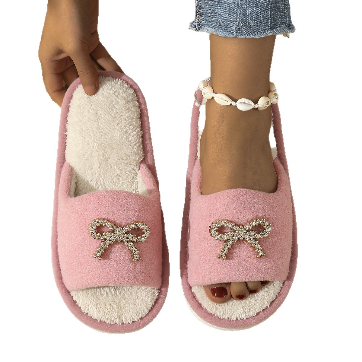 Women's Fuzzy Fleece Lined Slippers with Bow, Thick Sole Non-Slip Indoor Outdoor House Shoes