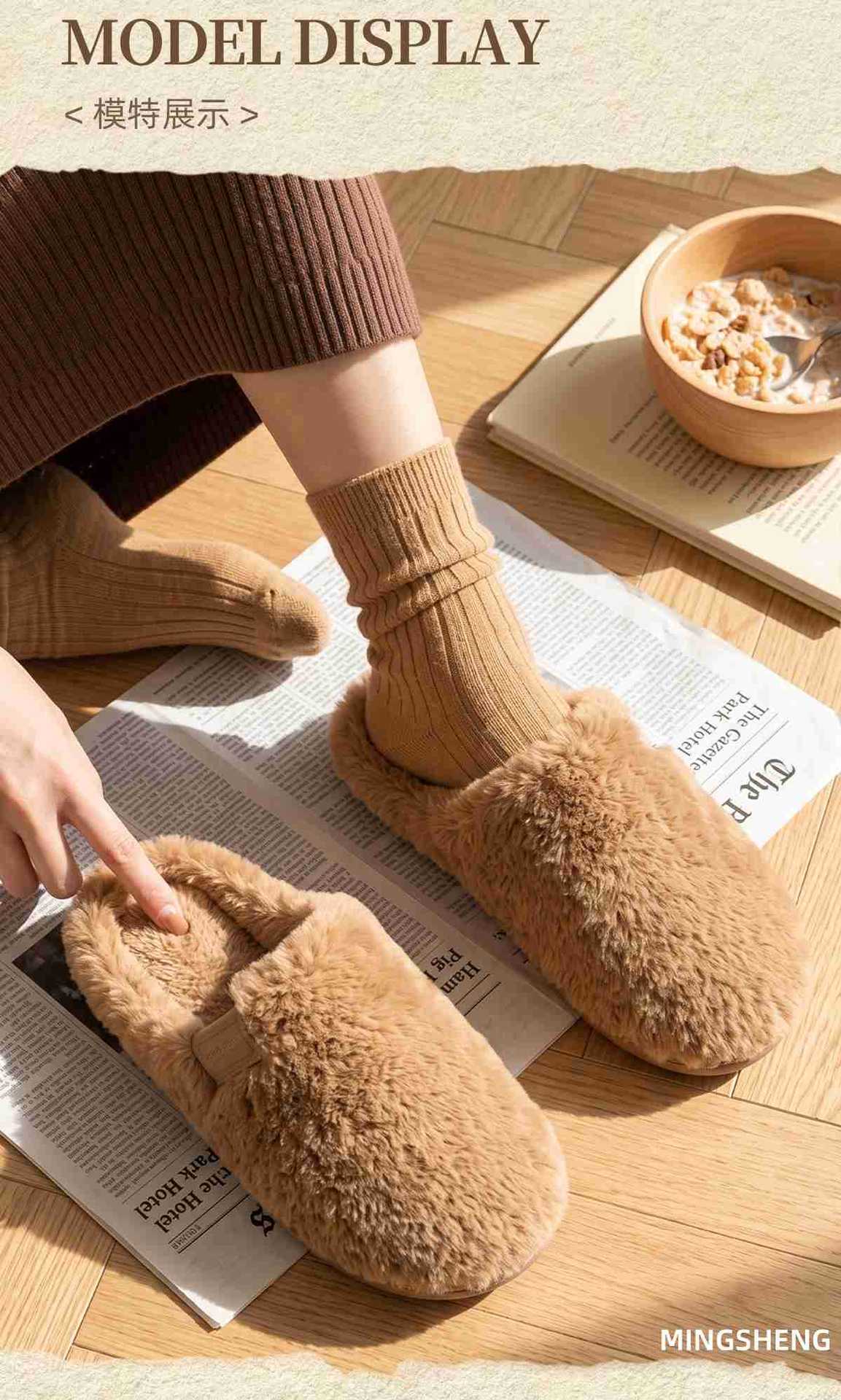 Faux Fur Slippers for Women and Men, Warm Plush Lined Non-Slip Indoor House Shoes for Home