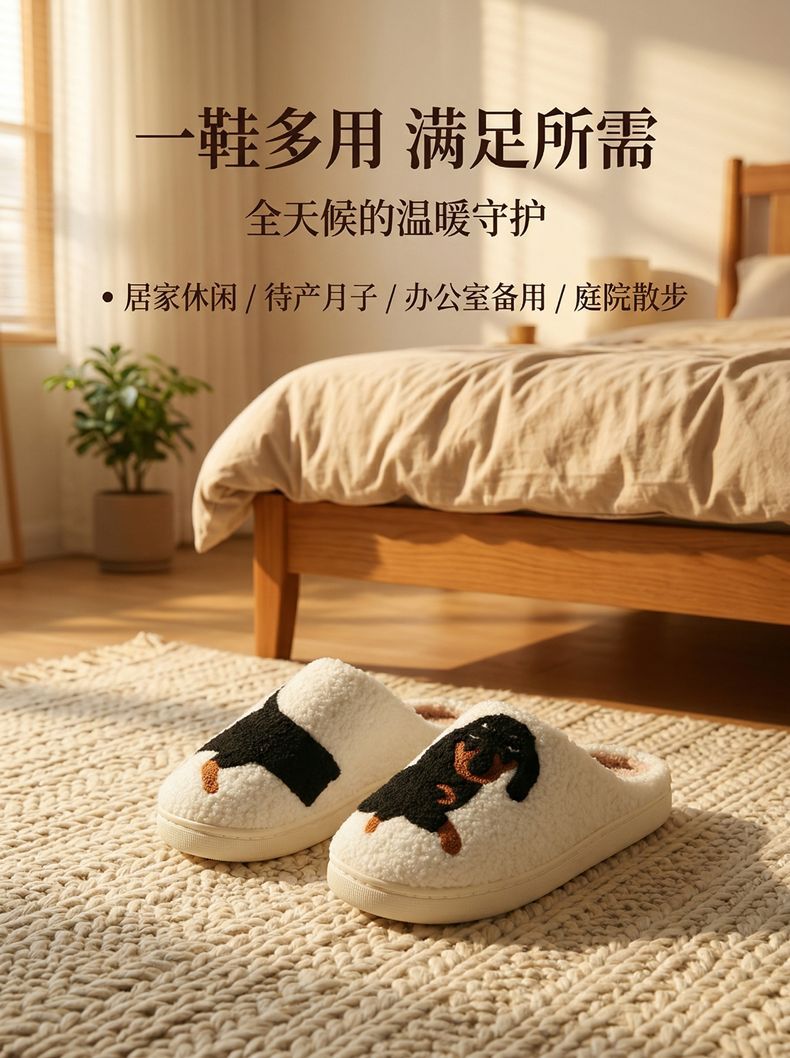 Cartoon Dachshund Fuzzy Indoor Slippers, Warm Closed Toe House Shoes for Women and Men