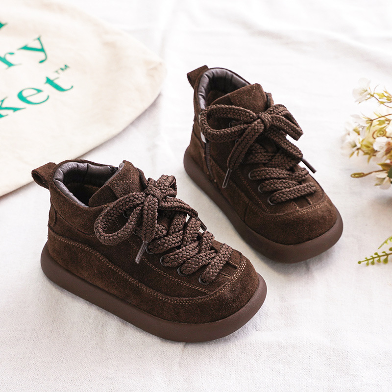 Kids Suede Leather Winter Boots with Side Zipper, Warm Non-Slip Casual Shoes for Boys and Girls