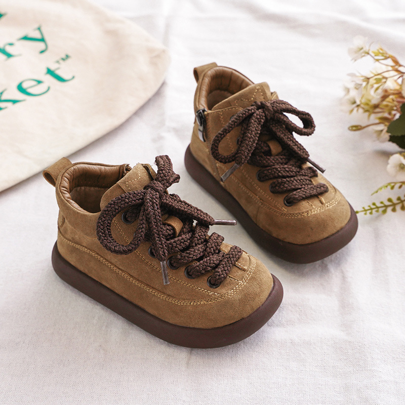 Kids Suede Leather Winter Boots with Side Zipper, Warm Non-Slip Casual Shoes for Boys and Girls