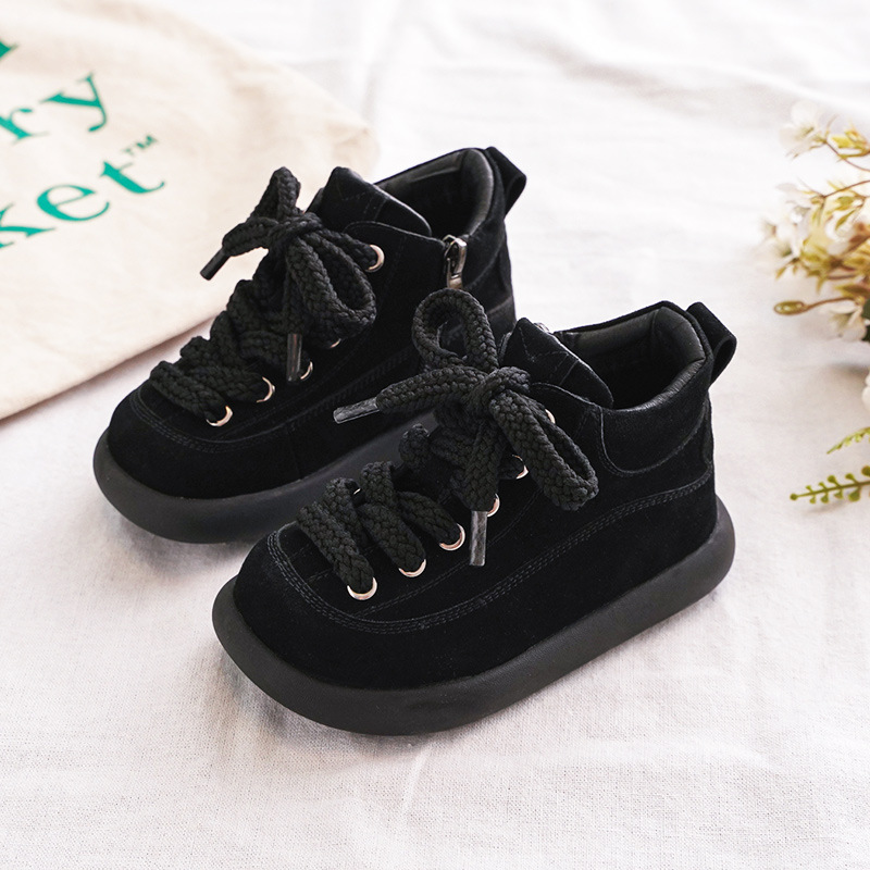 Kids Suede Leather Winter Boots with Side Zipper, Warm Non-Slip Casual Shoes for Boys and Girls