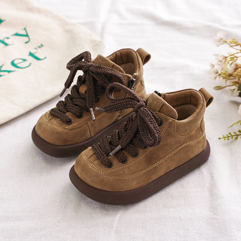 Kids Suede Leather Winter Boots with Side Zipper, Warm Non-Slip Casual Shoes for Boys and Girls
