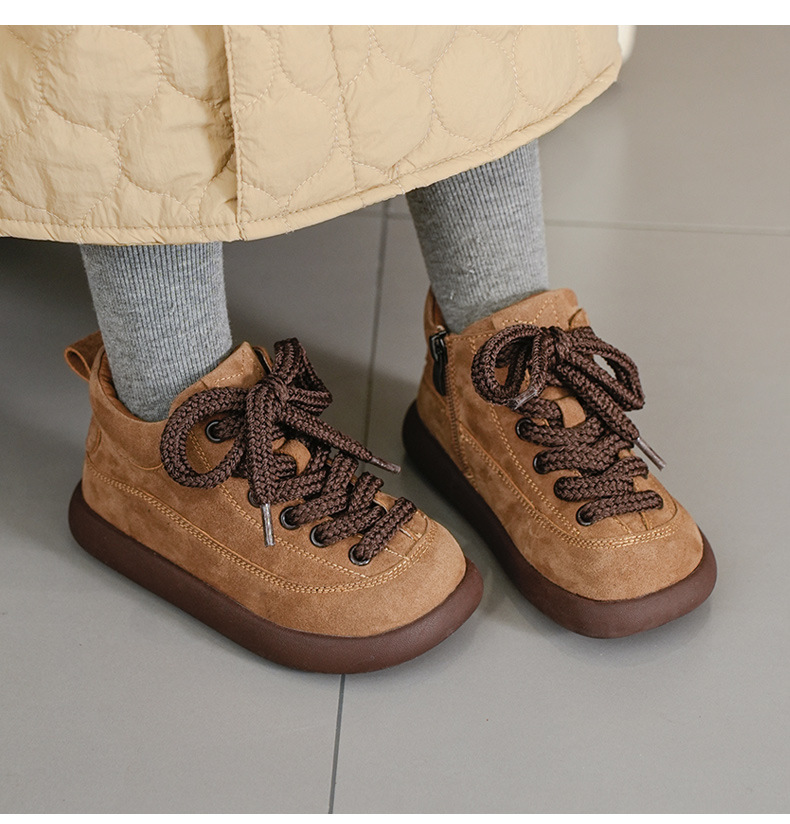 Kids Suede Leather Winter Boots with Side Zipper, Warm Non-Slip Casual Shoes for Boys and Girls