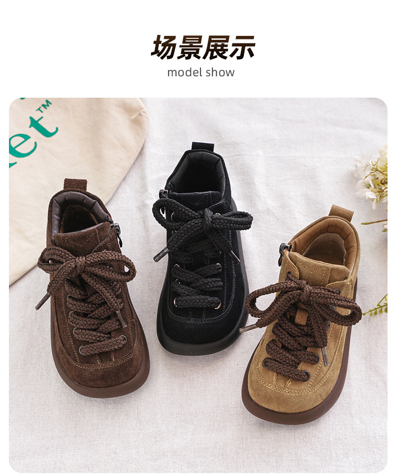 Kids Suede Leather Winter Boots with Side Zipper, Warm Non-Slip Casual Shoes for Boys and Girls