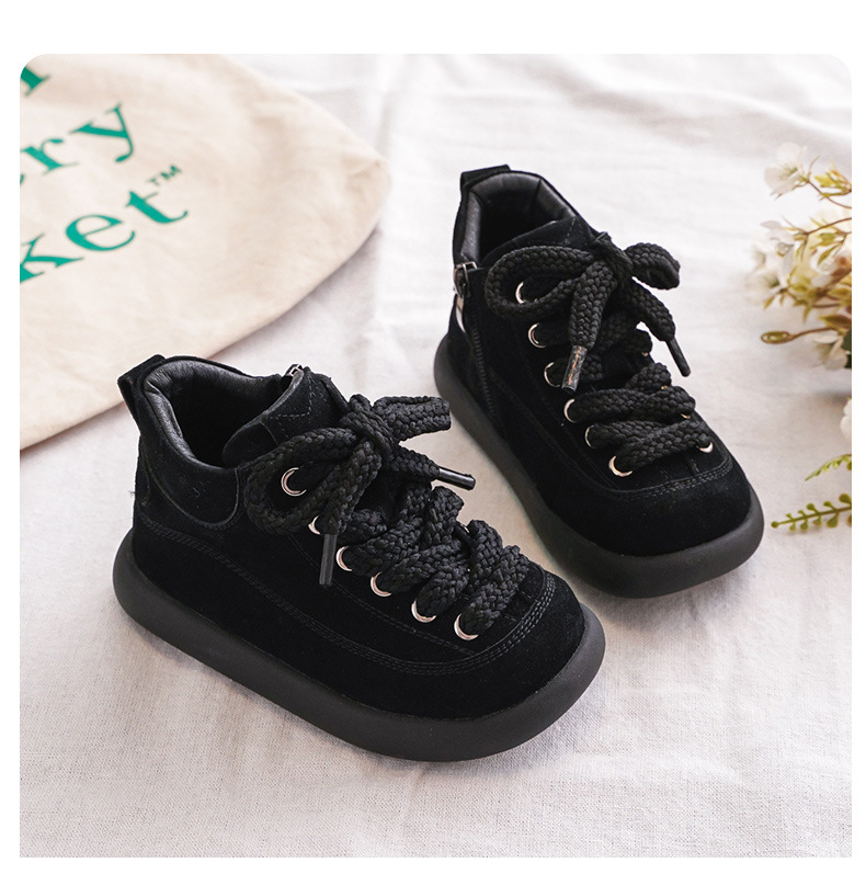 Kids Suede Leather Winter Boots with Side Zipper, Warm Non-Slip Casual Shoes for Boys and Girls