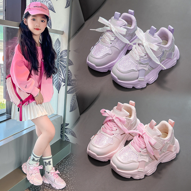 Girls' Sneakers Soft Sole Casual Shoes for Kids, Breathable PU Upper Non-Slip Rubber Sole