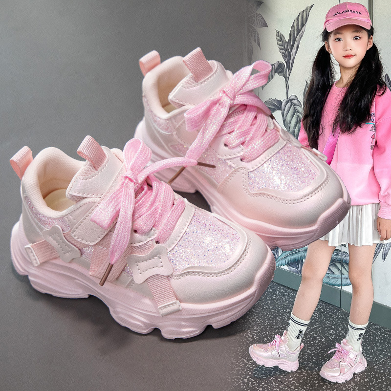 Girls' Sneakers Soft Sole Casual Shoes for Kids, Breathable PU Upper Non-Slip Rubber Sole