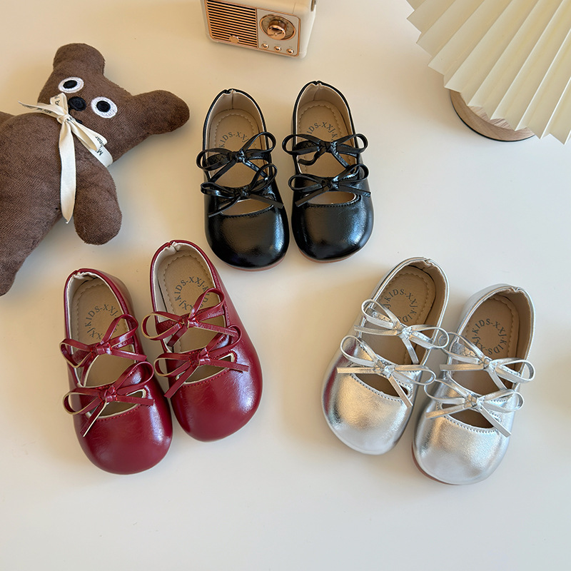 Girls Bow Ballet Flats, PU Leather Slip-On Dress Shoes for Toddlers and Kids