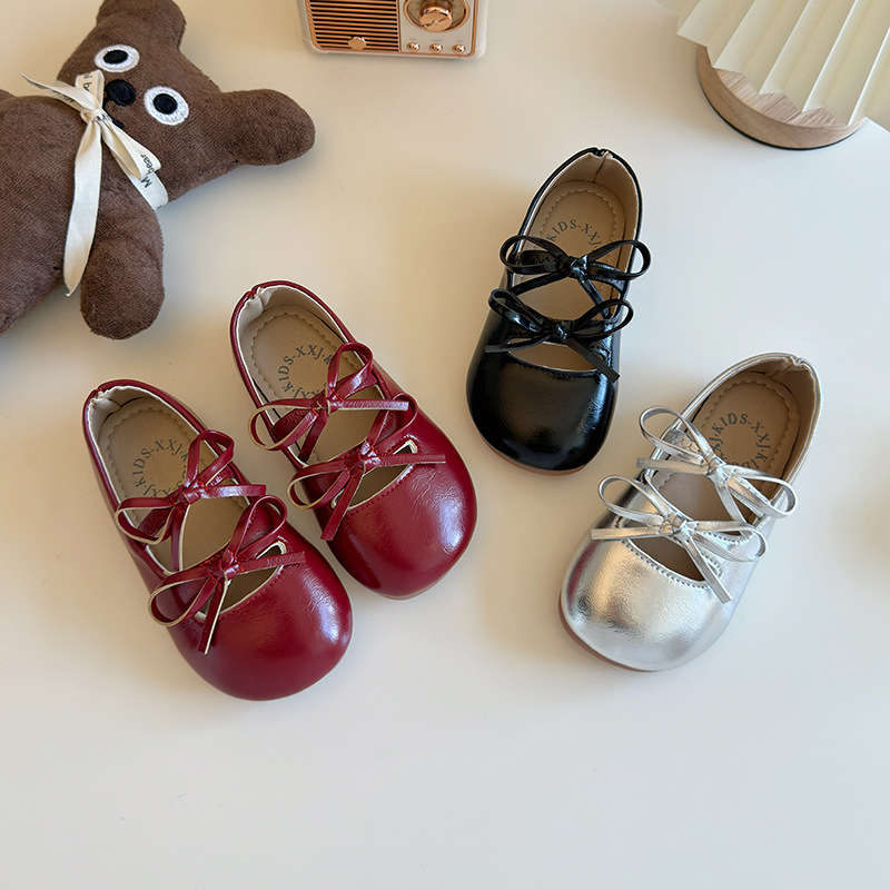 Girls Bow Ballet Flats, PU Leather Slip-On Dress Shoes for Toddlers and Kids