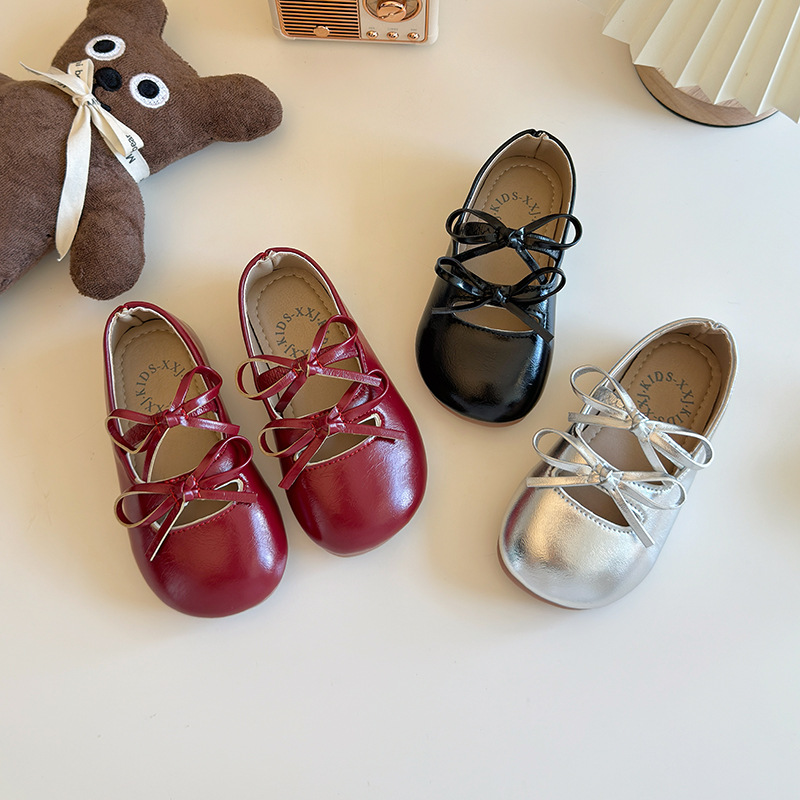 Girls Bow Ballet Flats, PU Leather Slip-On Dress Shoes for Toddlers and Kids