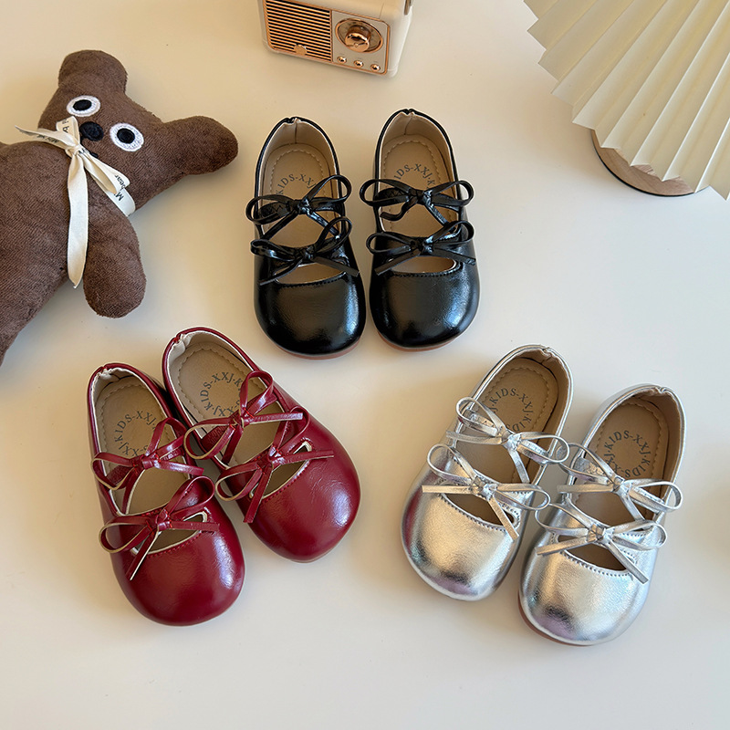 Girls Bow Ballet Flats, PU Leather Slip-On Dress Shoes for Toddlers and Kids