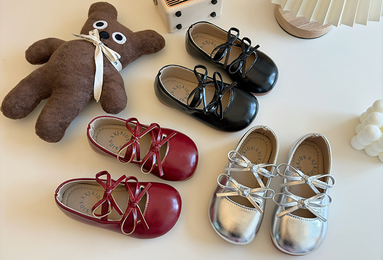 Girls Bow Ballet Flats, PU Leather Slip-On Dress Shoes for Toddlers and Kids