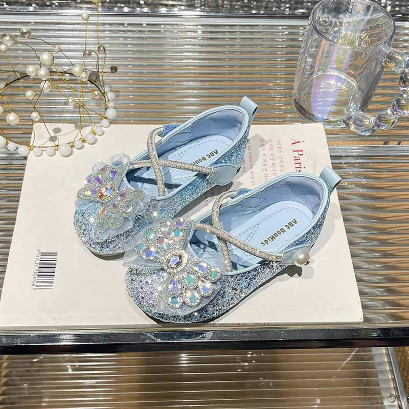 Girls Princess Shoes with Crystal Bow, Non-Slip Soft Sole Hook-and-Loop Flats for Kids