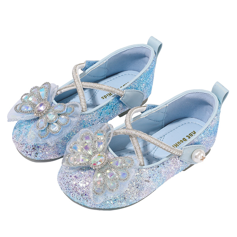 Girls Princess Shoes with Crystal Bow, Non-Slip Soft Sole Hook-and-Loop Flats for Kids