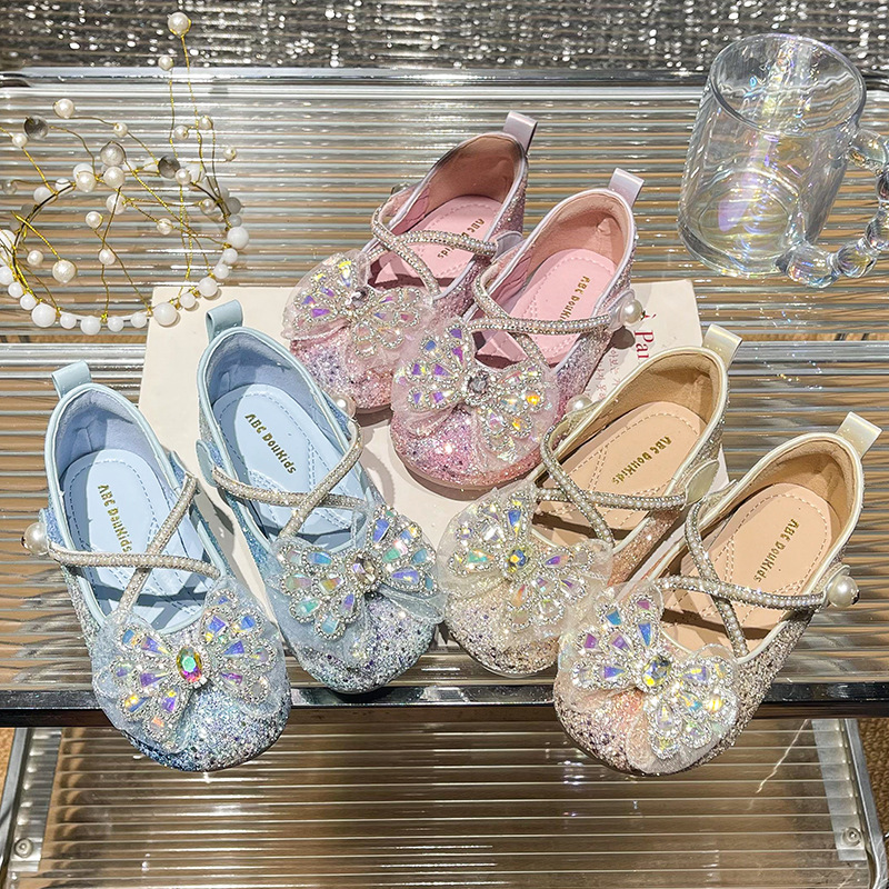 Girls Princess Shoes with Crystal Bow, Non-Slip Soft Sole Hook-and-Loop Flats for Kids
