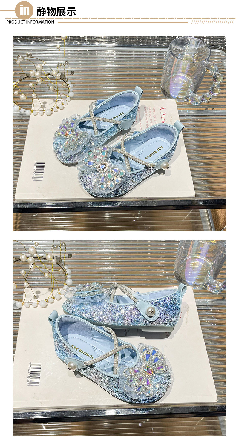 Girls Princess Shoes with Crystal Bow, Non-Slip Soft Sole Hook-and-Loop Flats for Kids
