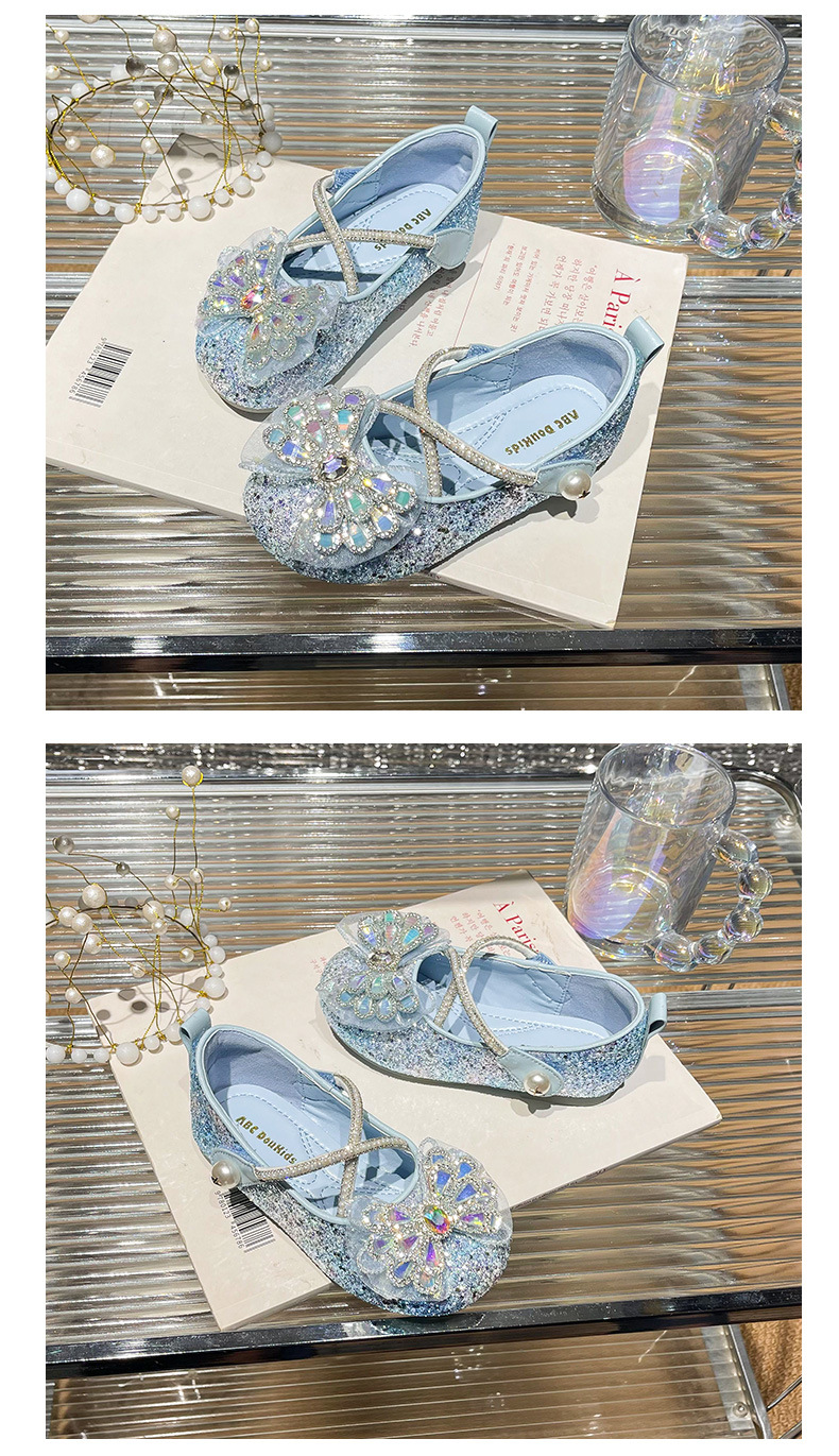 Girls Princess Shoes with Crystal Bow, Non-Slip Soft Sole Hook-and-Loop Flats for Kids