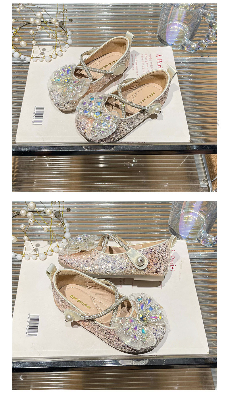 Girls Princess Shoes with Crystal Bow, Non-Slip Soft Sole Hook-and-Loop Flats for Kids