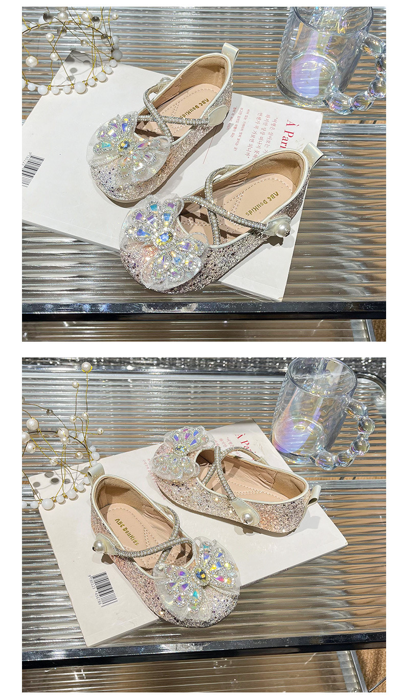 Girls Princess Shoes with Crystal Bow, Non-Slip Soft Sole Hook-and-Loop Flats for Kids