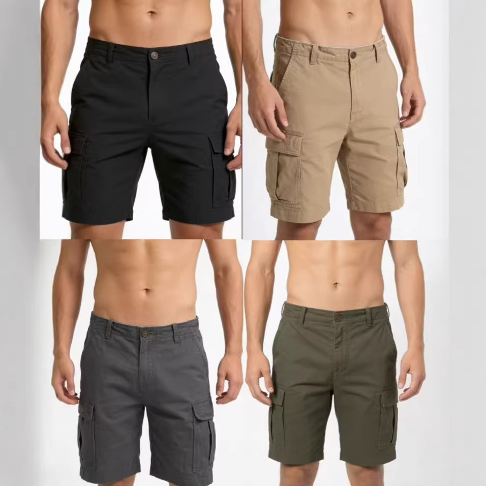 Men's Casual Cargo Shorts, Loose Straight Fit Polyester Summer Shorts, Solid Color