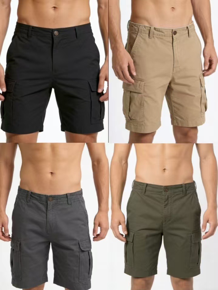 Men's Casual Cargo Shorts, Loose Straight Fit Polyester Summer Shorts, Solid Color