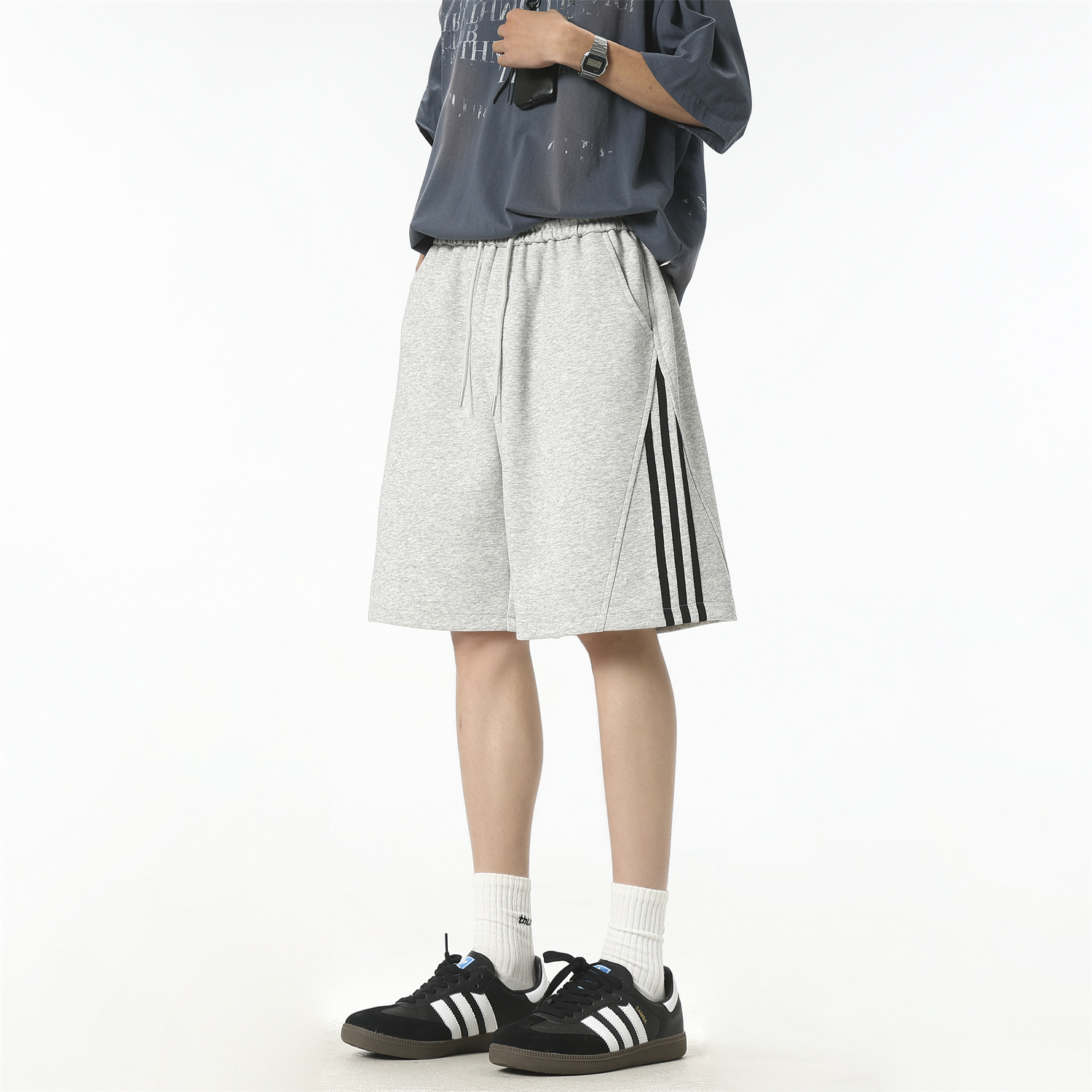 Men's Cotton Blend 5-Inch Athletic Shorts, Loose Fit Summer Sports Shorts with Side Stripes