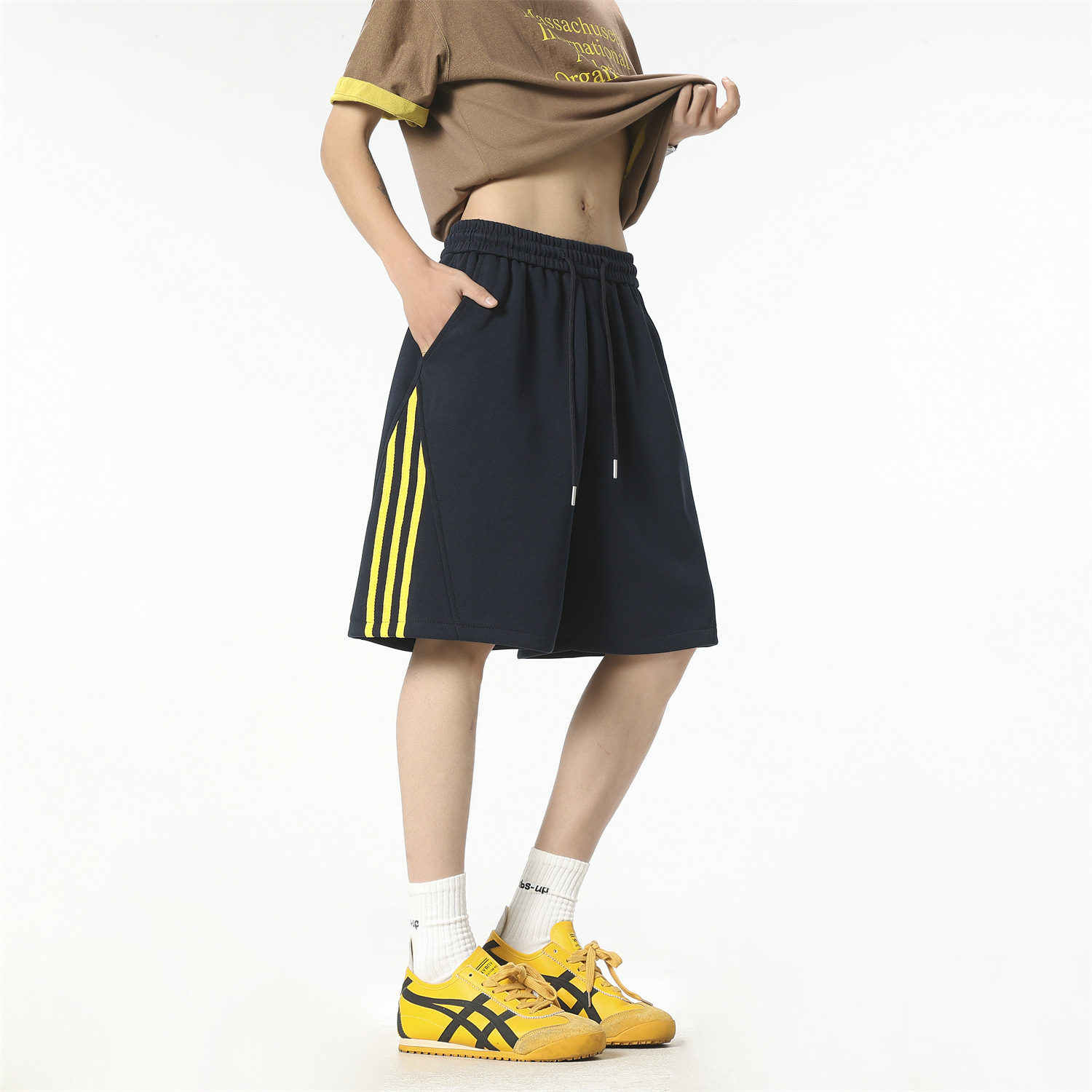 Men's Cotton Blend 5-Inch Athletic Shorts, Loose Fit Summer Sports Shorts with Side Stripes