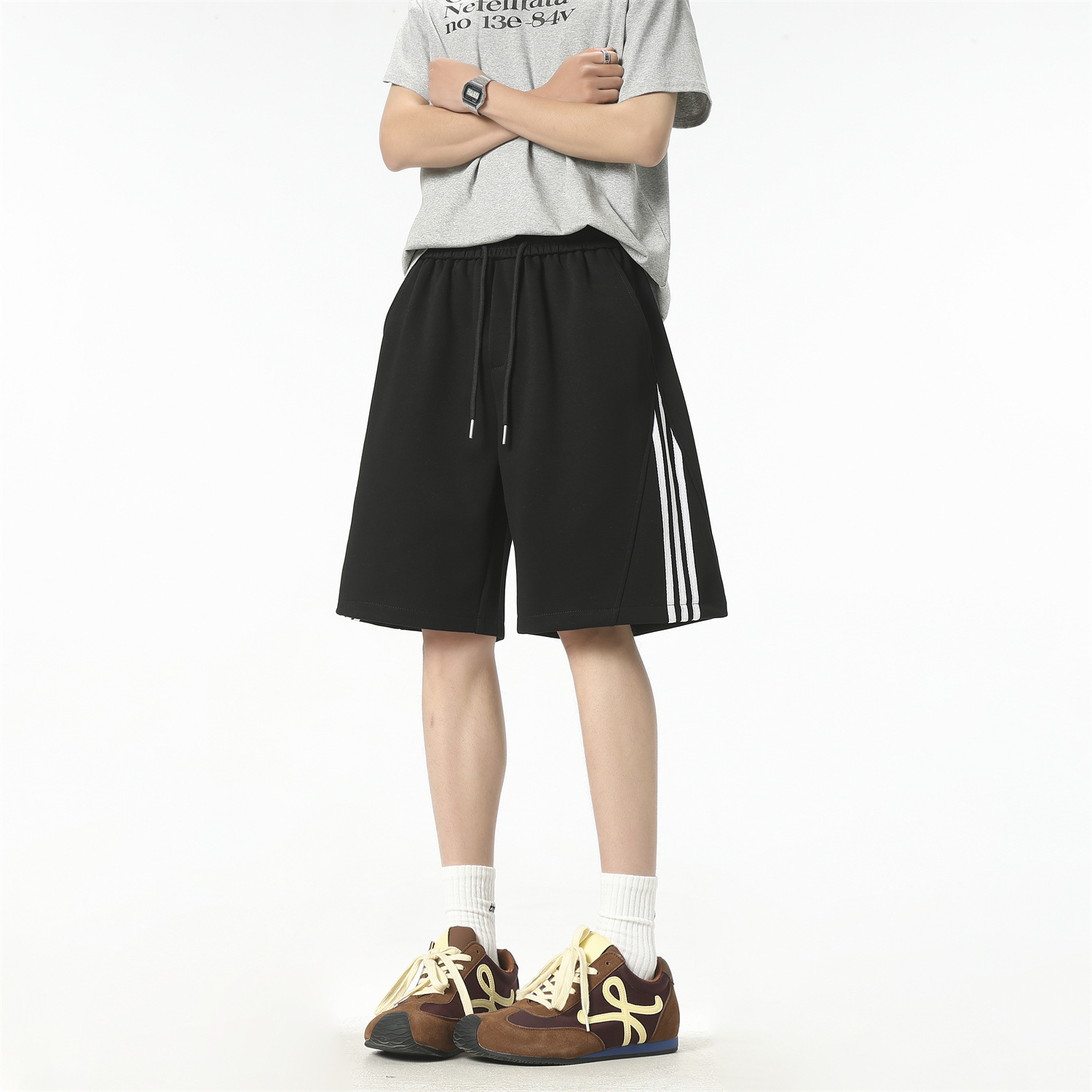 Men's Cotton Blend 5-Inch Athletic Shorts, Loose Fit Summer Sports Shorts with Side Stripes