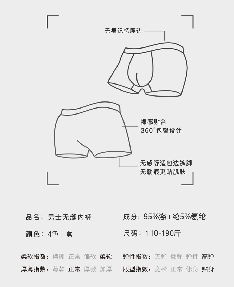 Men's Seamless Boxer Briefs, High Elastic Mid Rise Breathable Sports Underwear, 4 Pack Boxed