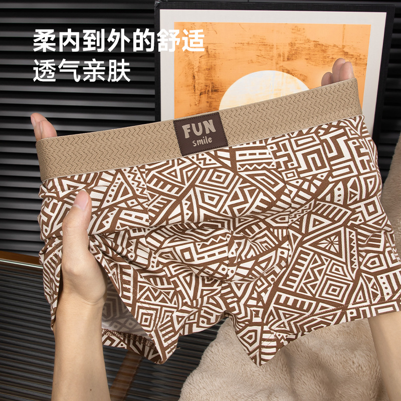 Men's Cotton Boxer Briefs Vintage Ethnic Print Breathable Lightweight Soft Stretch Underwear