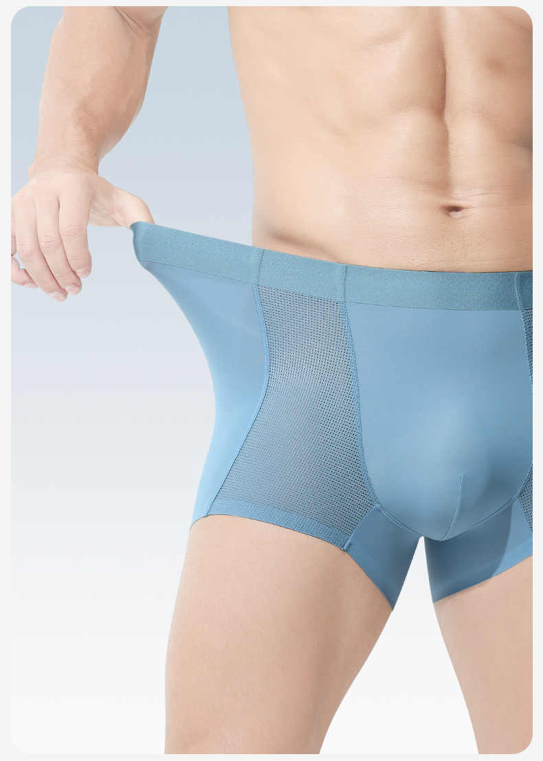 Men's Seamless Ice Silk Boxer Briefs, Breathable Mesh Sports Underwear, Mid Rise Solid Color