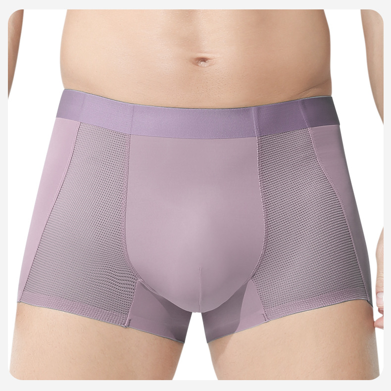 Men's Seamless Ice Silk Boxer Briefs, Breathable Mesh Sports Underwear, Mid Rise Solid Color