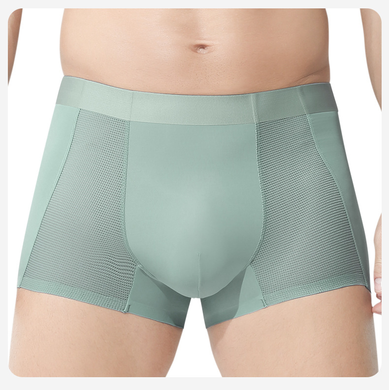 Men's Seamless Ice Silk Boxer Briefs, Breathable Mesh Sports Underwear, Mid Rise Solid Color