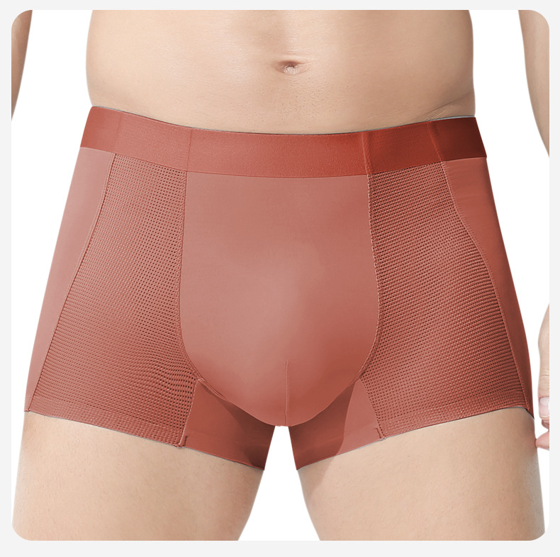 Men's Seamless Ice Silk Boxer Briefs, Breathable Mesh Sports Underwear, Mid Rise Solid Color