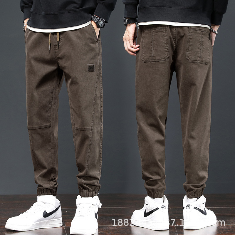 Men's Loose Fit Cargo Pants with Drawstring Cuffs, Plaid Cotton Casual Work Trousers for Spring and Autumn
