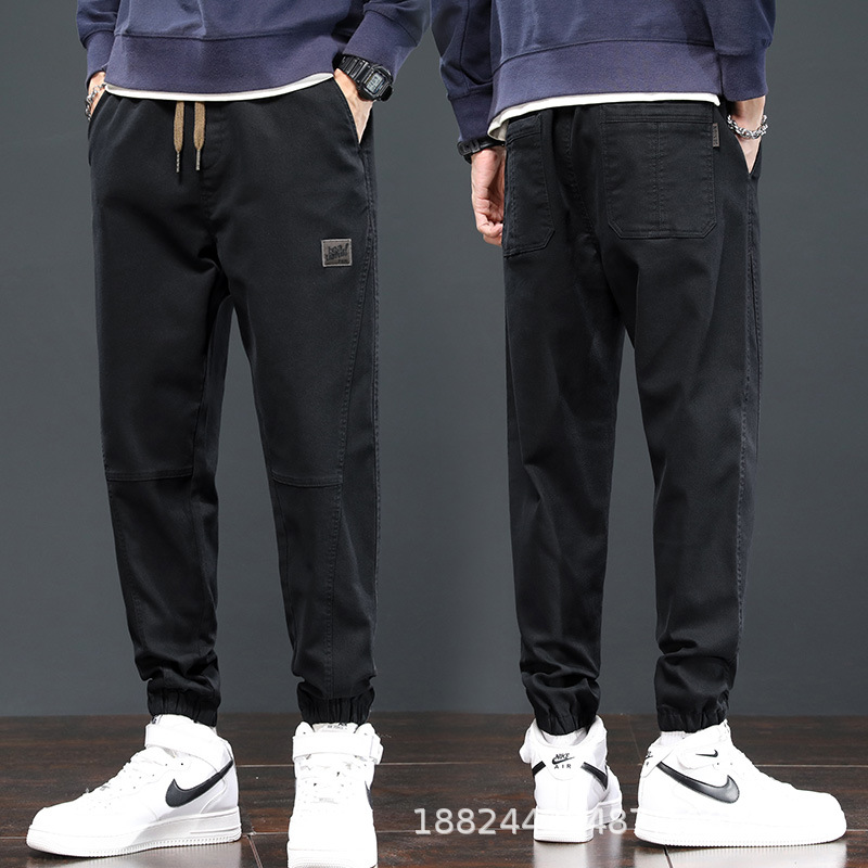 Men's Loose Fit Cargo Pants with Drawstring Cuffs, Plaid Cotton Casual Work Trousers for Spring and Autumn
