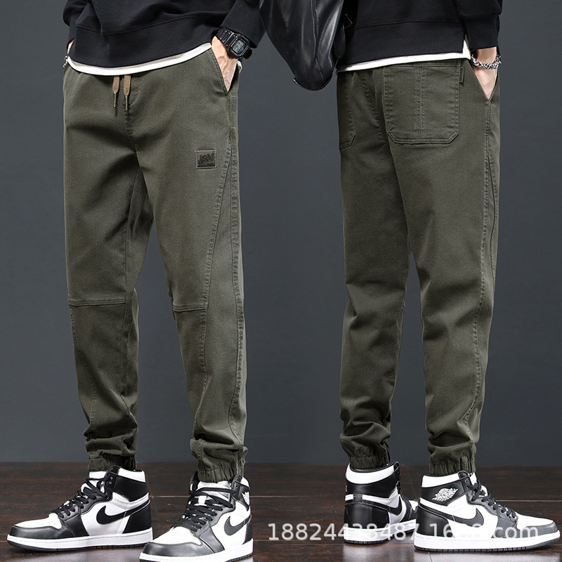 Men's Loose Fit Cargo Pants with Drawstring Cuffs, Plaid Cotton Casual Work Trousers for Spring and Autumn