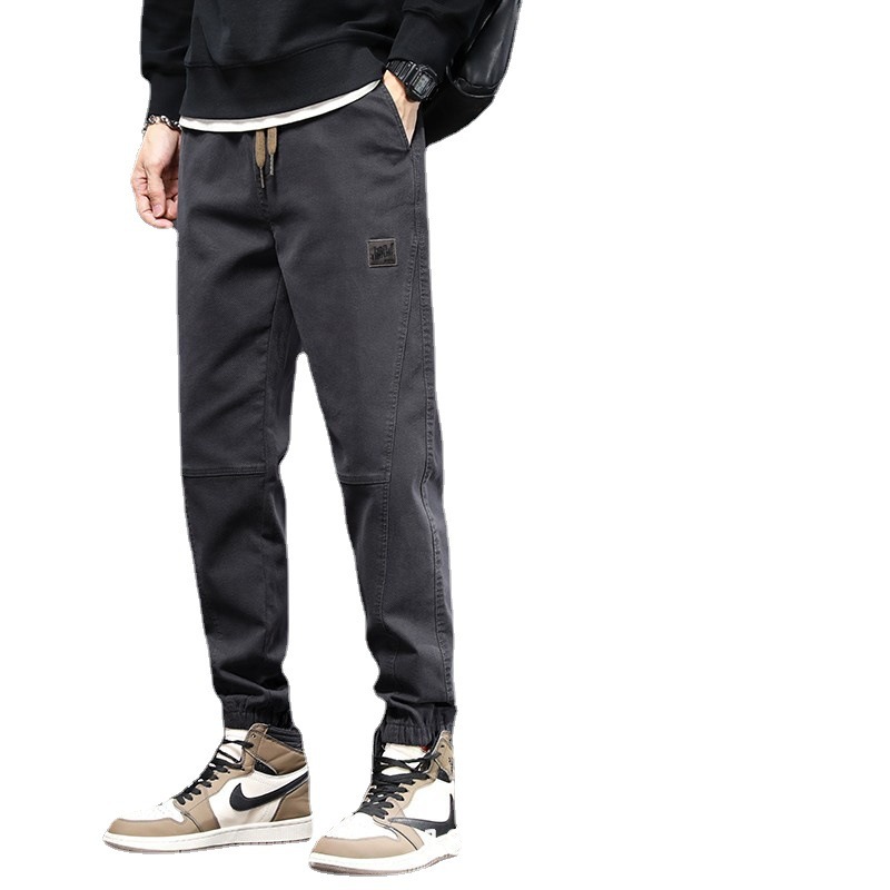 Men's Loose Fit Cargo Pants with Drawstring Cuffs, Plaid Cotton Casual Work Trousers for Spring and Autumn