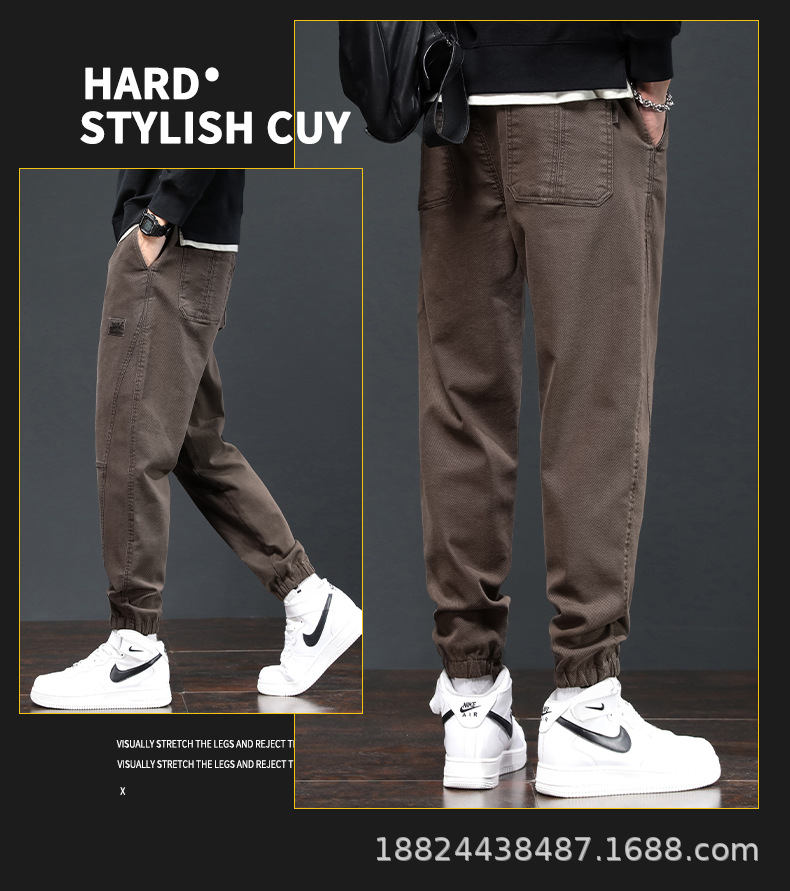 Men's Loose Fit Cargo Pants with Drawstring Cuffs, Plaid Cotton Casual Work Trousers for Spring and Autumn