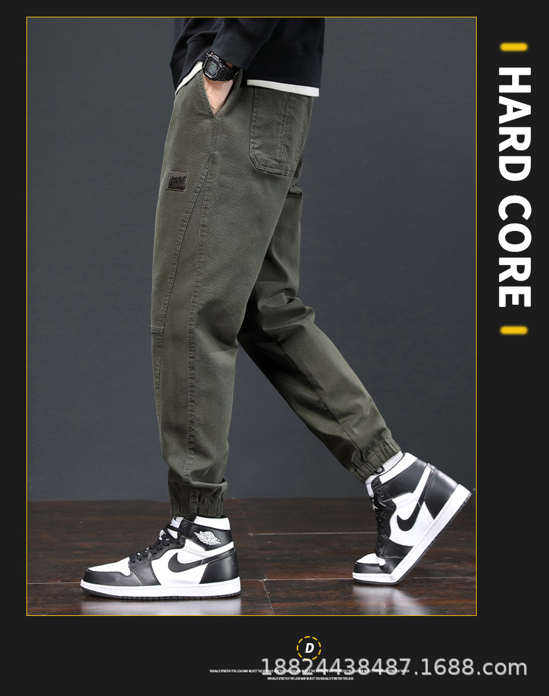 Men's Loose Fit Cargo Pants with Drawstring Cuffs, Plaid Cotton Casual Work Trousers for Spring and Autumn