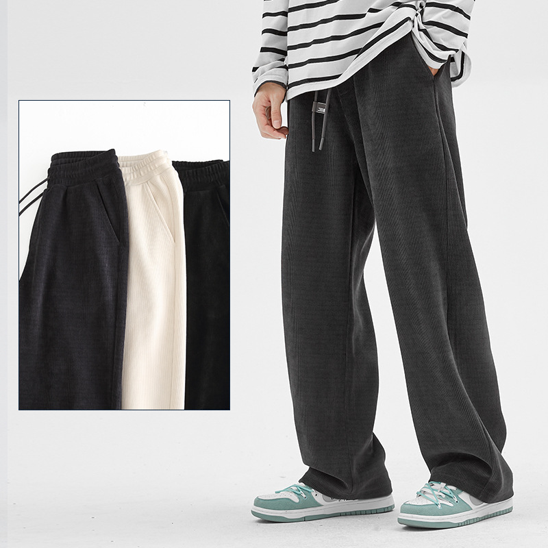 Men's Loose Straight Leg Sweatpants, Thick Cotton Velvet Casual Pants for Spring and Autumn