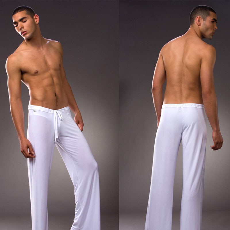 Men's Nylon Ice Silk Loose Lounge Pants, Plus Size Solid Color Drawstring Casual Trousers, Breathable High Stretch